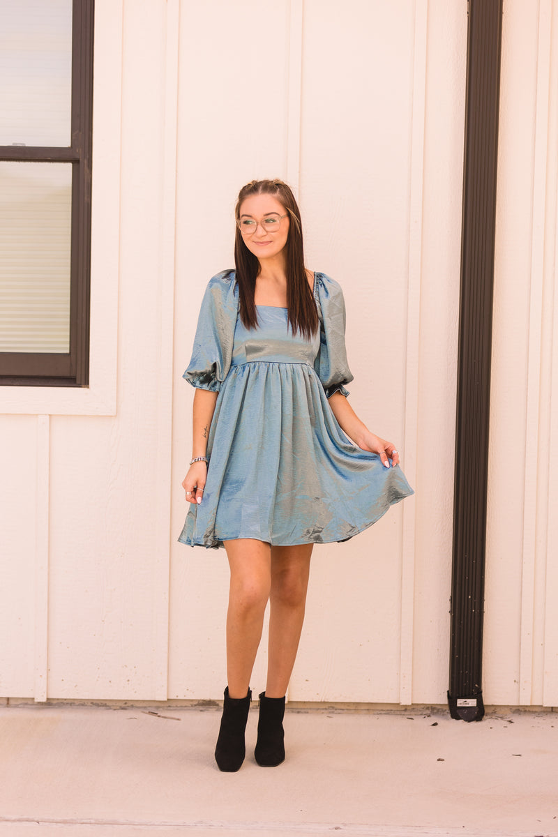 Sea Satin Square Neck 3/4 Sleeve Dress