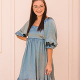 Sea Satin Square Neck 3/4 Sleeve Dress