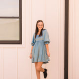 Sea Satin Square Neck 3/4 Sleeve Dress