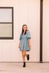 Sea Satin Square Neck 3/4 Sleeve Dress