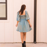 Sea Satin Square Neck 3/4 Sleeve Dress