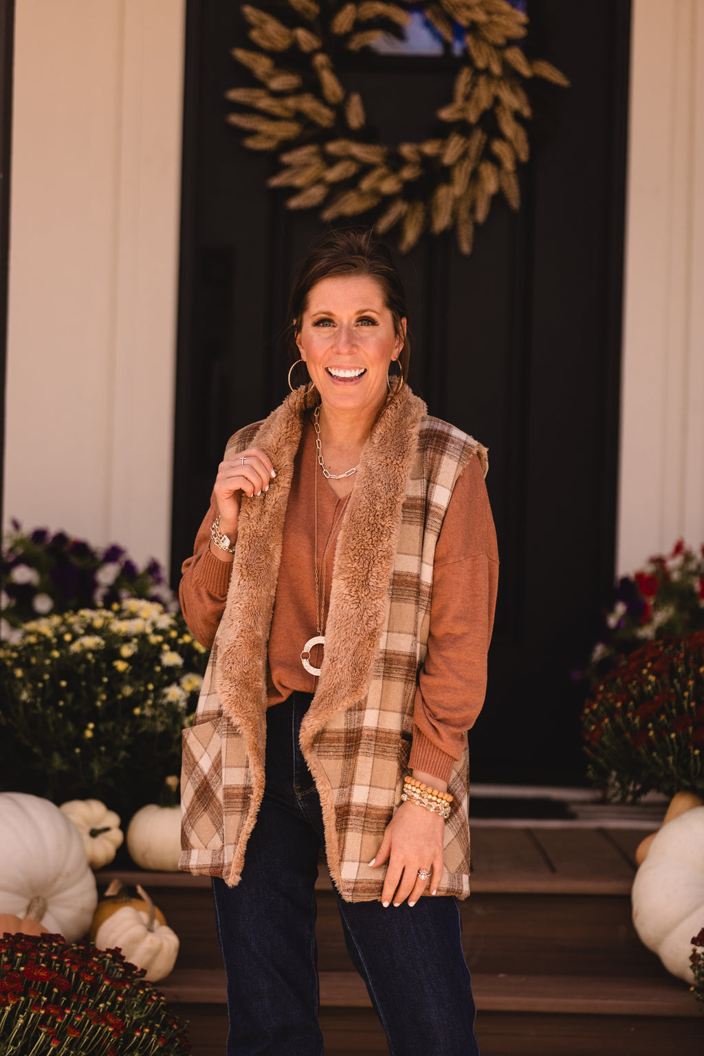 Taupe Check Fur Lined Vest