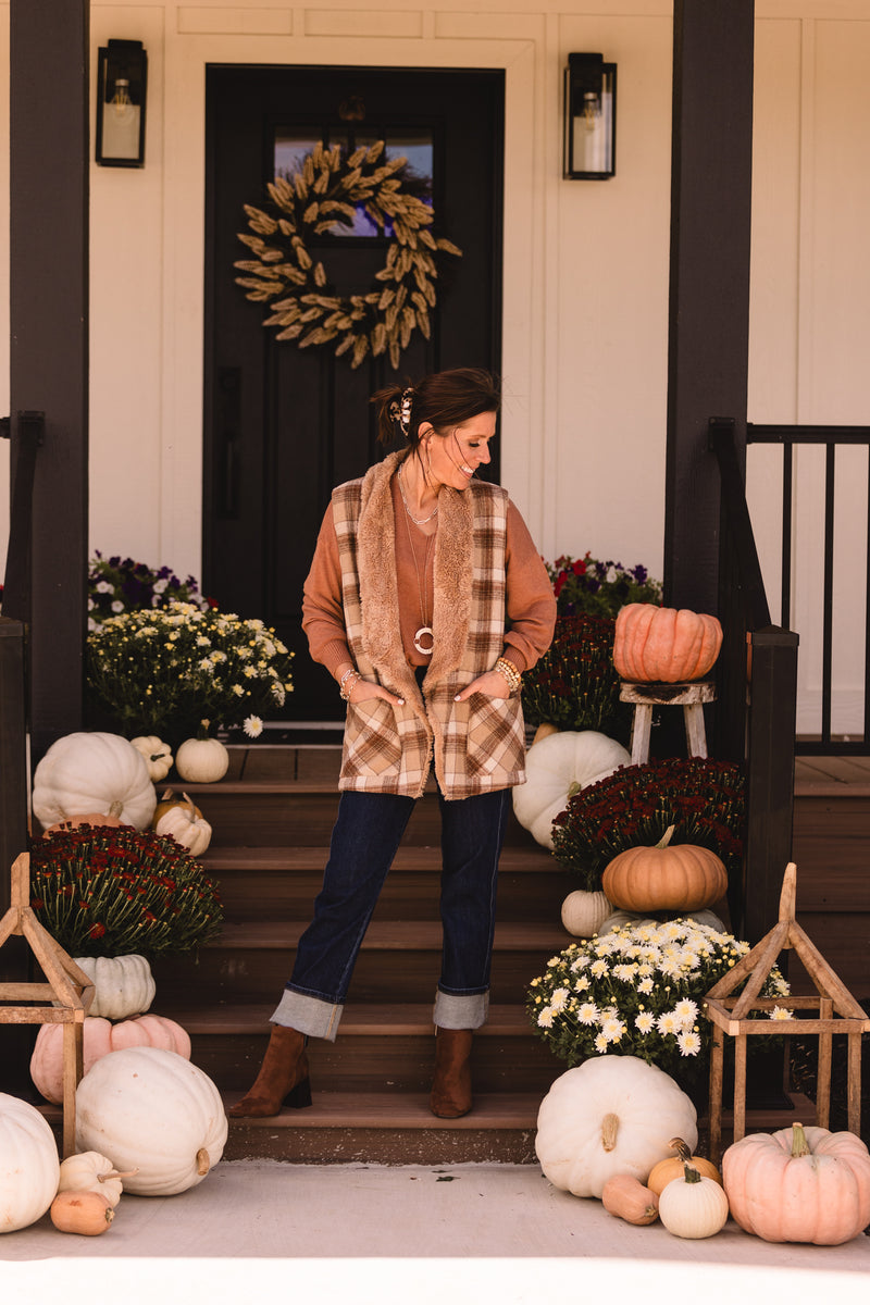 Taupe Check Fur Lined Vest