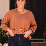 Dolman V Neck Sweater with Rib Hem + Front Seam