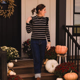Black + Cream Stripe Ruffle Shoulder LS