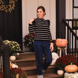 Black + Cream Stripe Ruffle Shoulder LS