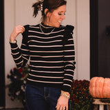 Black + Cream Stripe Ruffle Shoulder LS