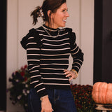 Black + Cream Stripe Ruffle Shoulder LS