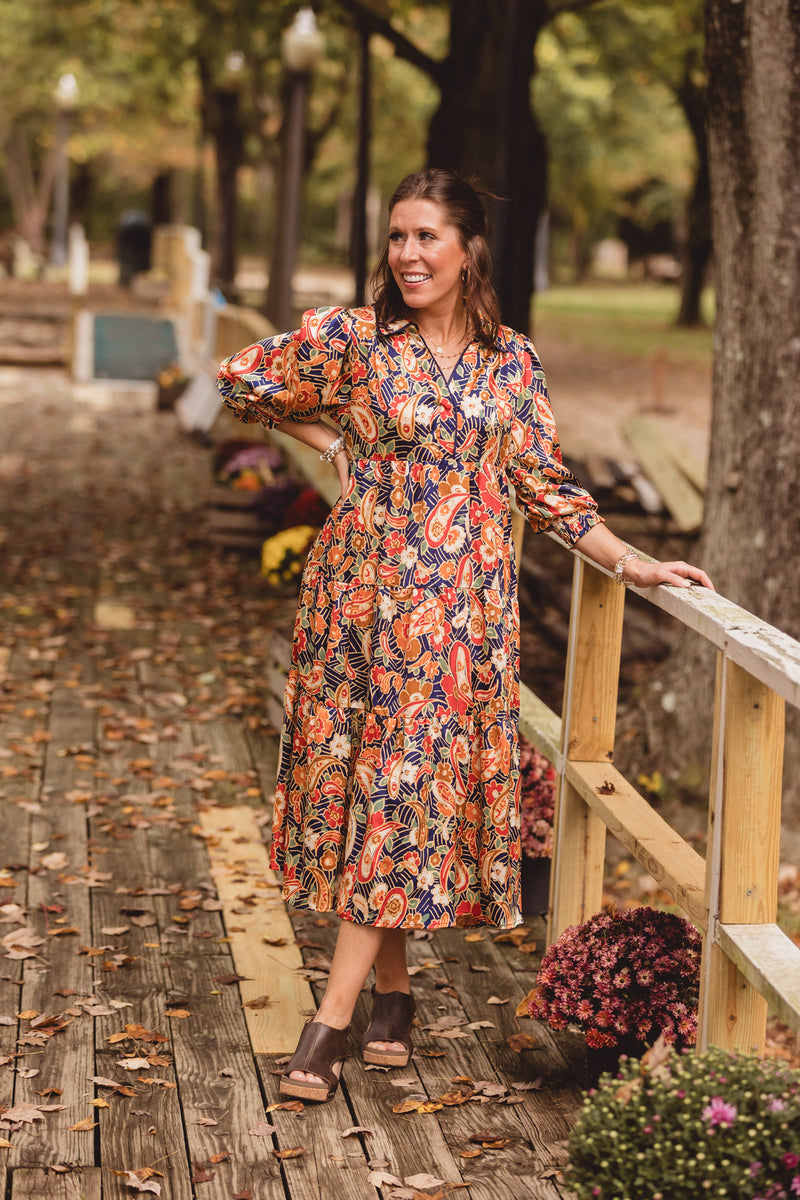 Navy Paisley Mix Tiered Dress