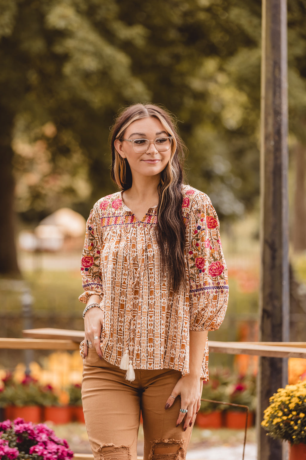 Rust Geometric Embroidered Top