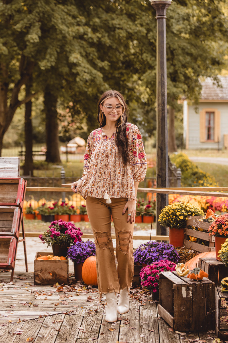 Rust Geometric Embroidered Top