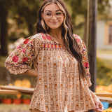 Rust Geometric Embroidered Top