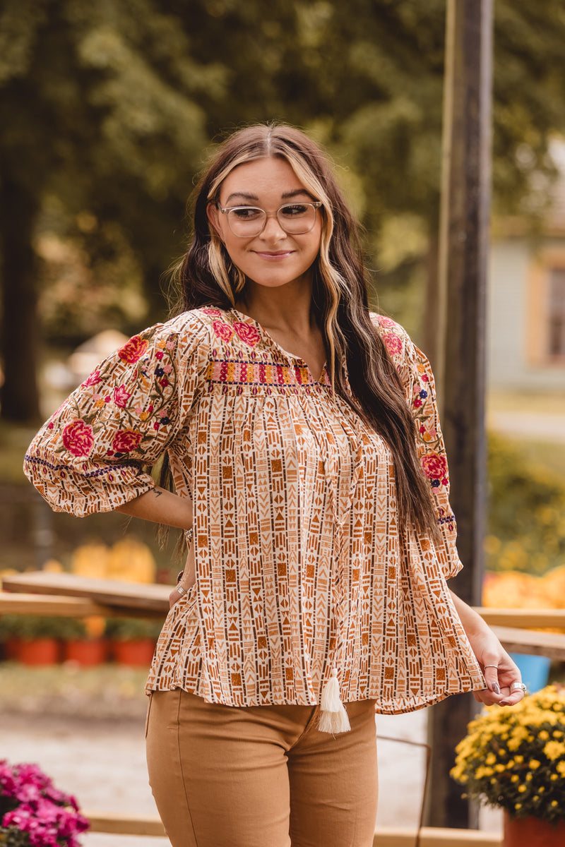 Rust Geometric Embroidered Top