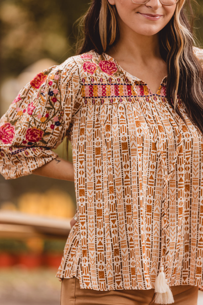 Rust Geometric Embroidered Top