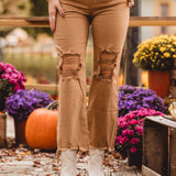 Mocha High Rise Straight Knee Distressed Denim