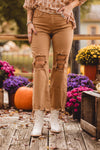 Mocha High Rise Straight Knee Distressed Denim