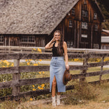 Light Denim Open Slit Midi Skirt