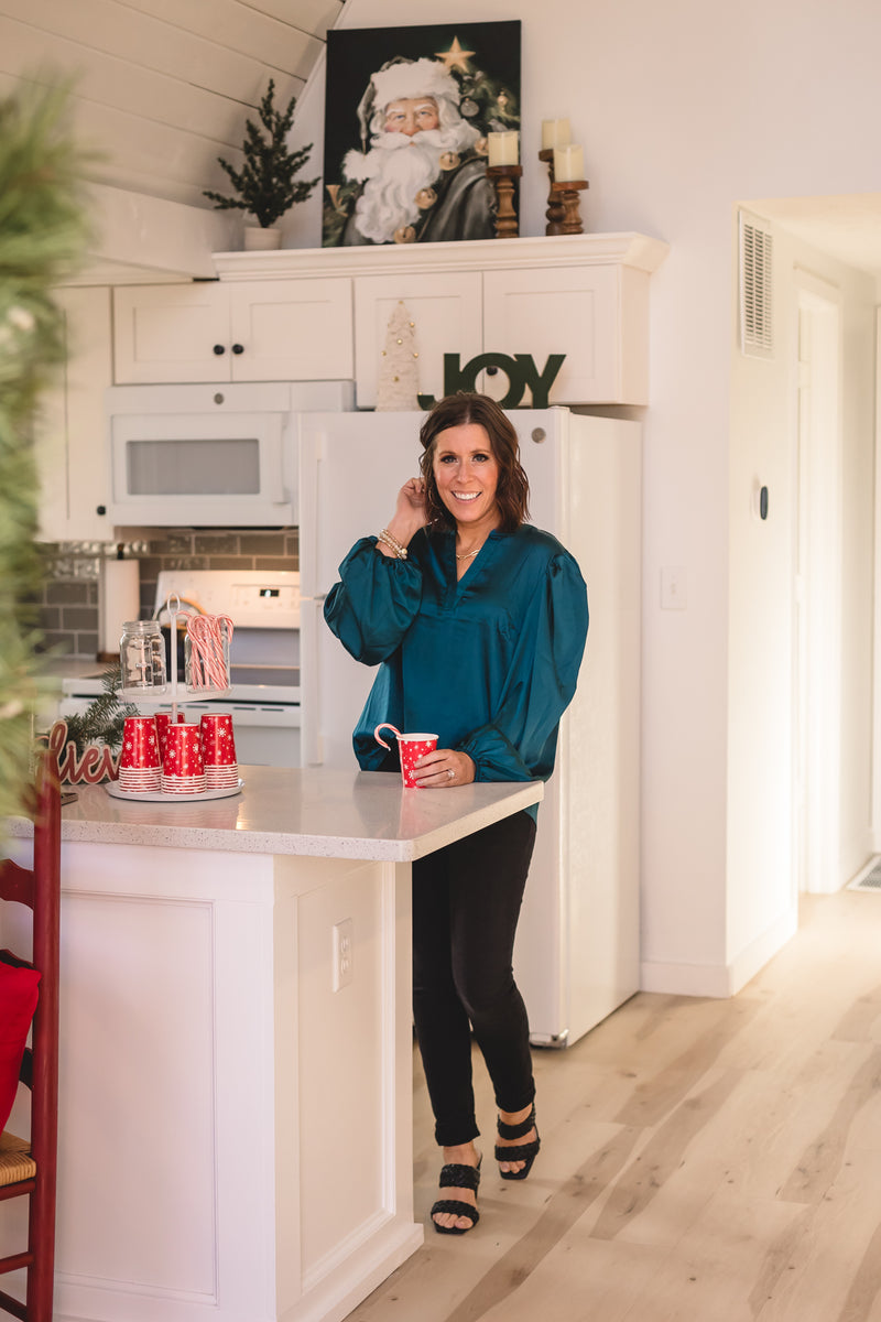 Dark Teal Satin Blouse with Bubble Sleeve