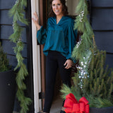 Dark Teal Satin Blouse with Bubble Sleeve