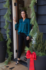 Dark Teal Satin Blouse with Bubble Sleeve