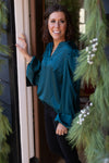 Dark Teal Satin Blouse with Bubble Sleeve