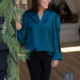 Dark Teal Satin Blouse with Bubble Sleeve