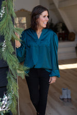 Dark Teal Satin Blouse with Bubble Sleeve