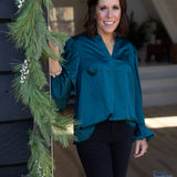 Dark Teal Satin Blouse with Bubble Sleeve