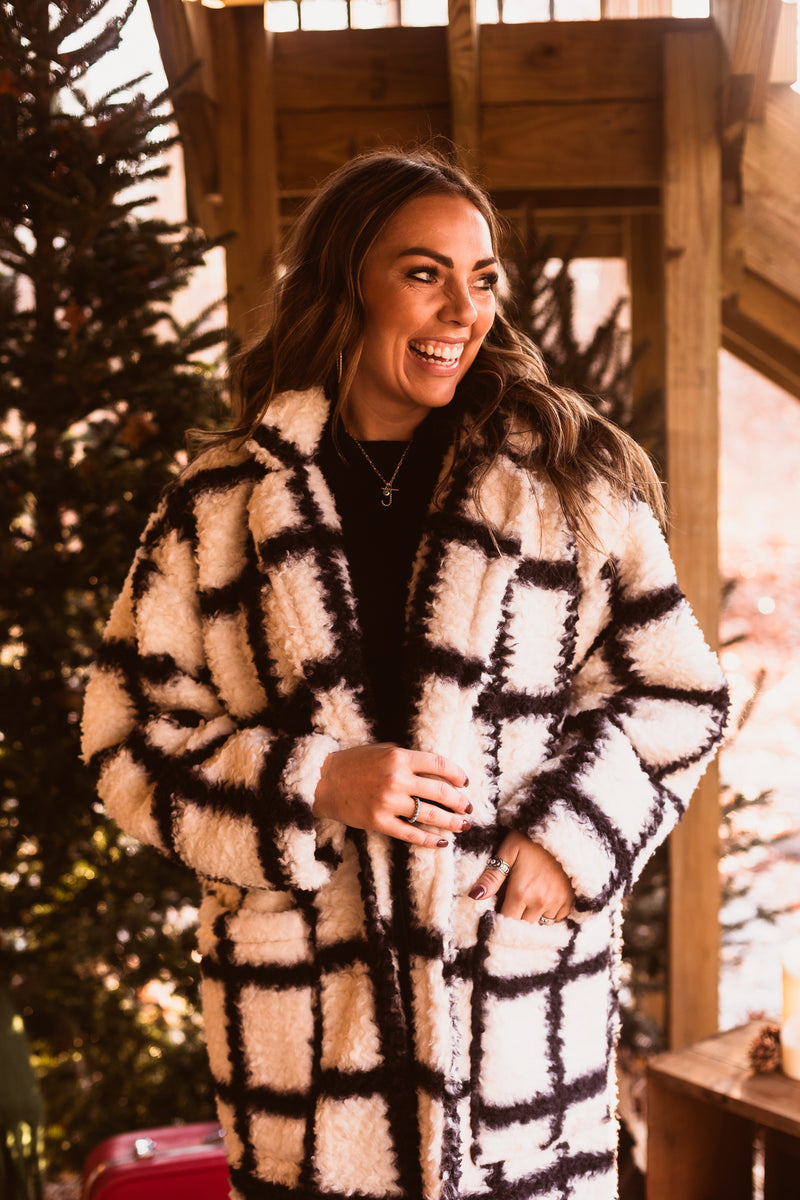 Black & White Long Furry Plaid Coat