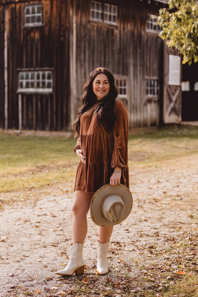 Brown Luxe Velvet Smock Tiered Dress