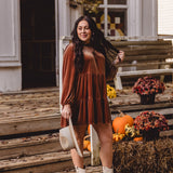 Brown Luxe Velvet Smock Tiered Dress