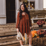 Brown Luxe Velvet Smock Tiered Dress