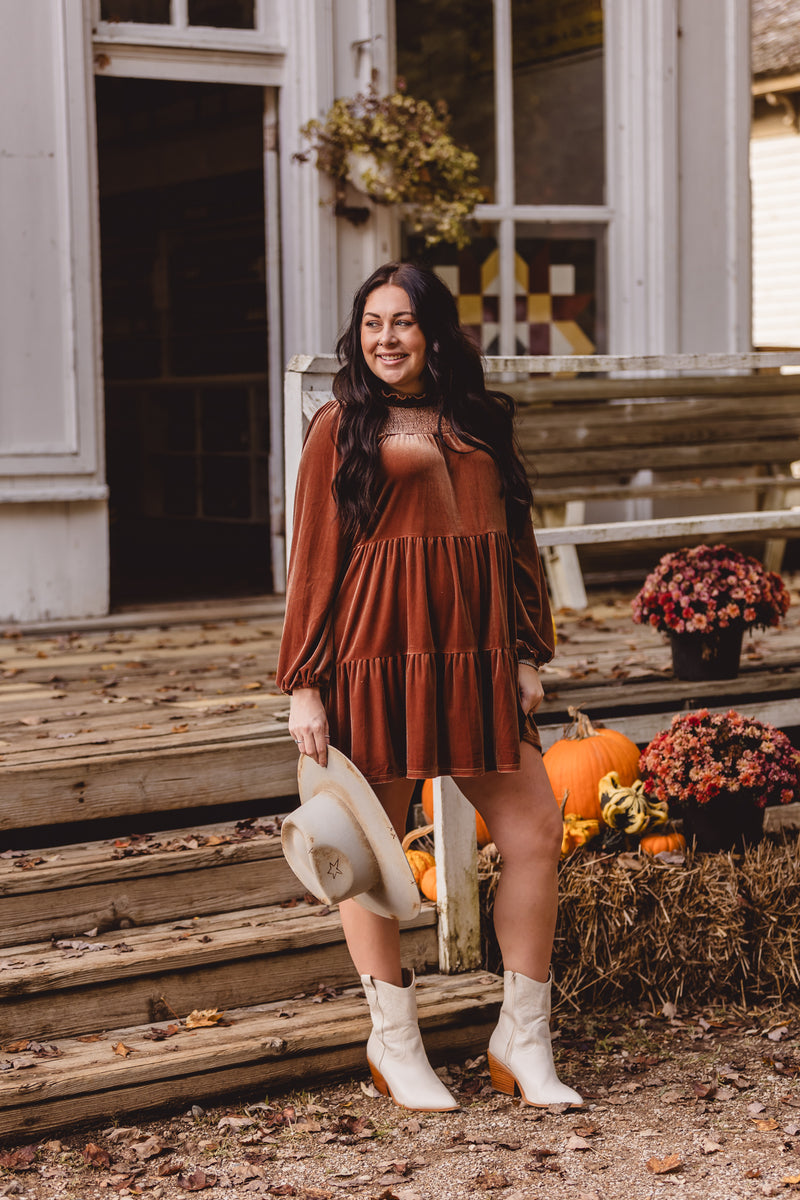 Brown Luxe Velvet Smock Tiered Dress