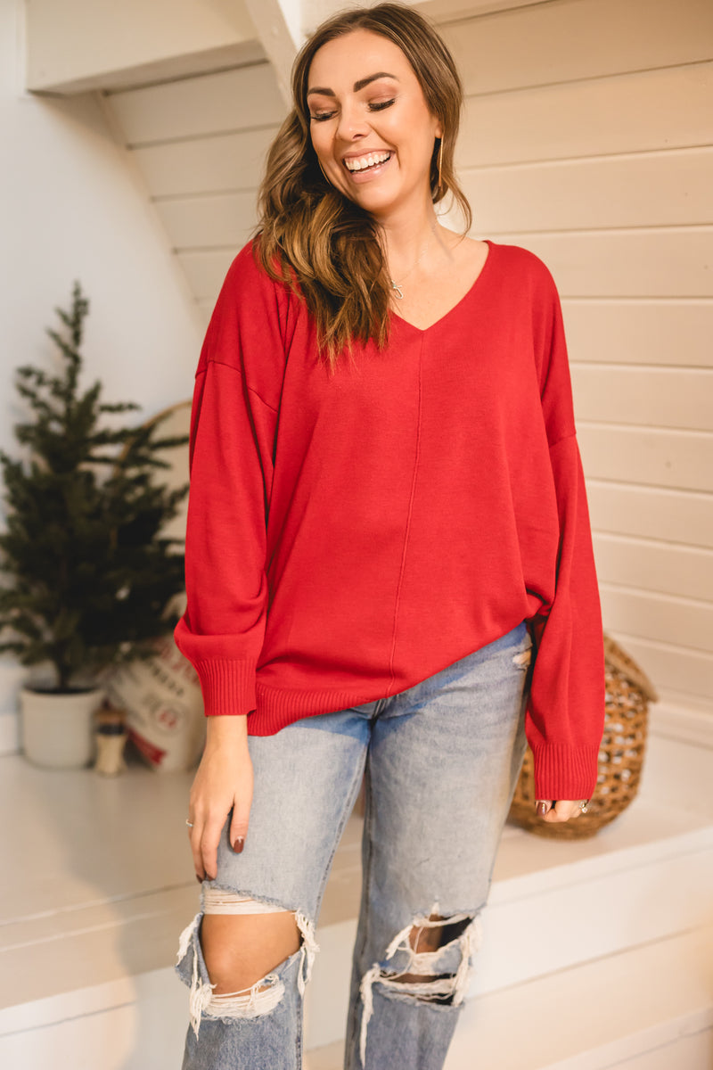 Extended Shoulder V Neck Sweater