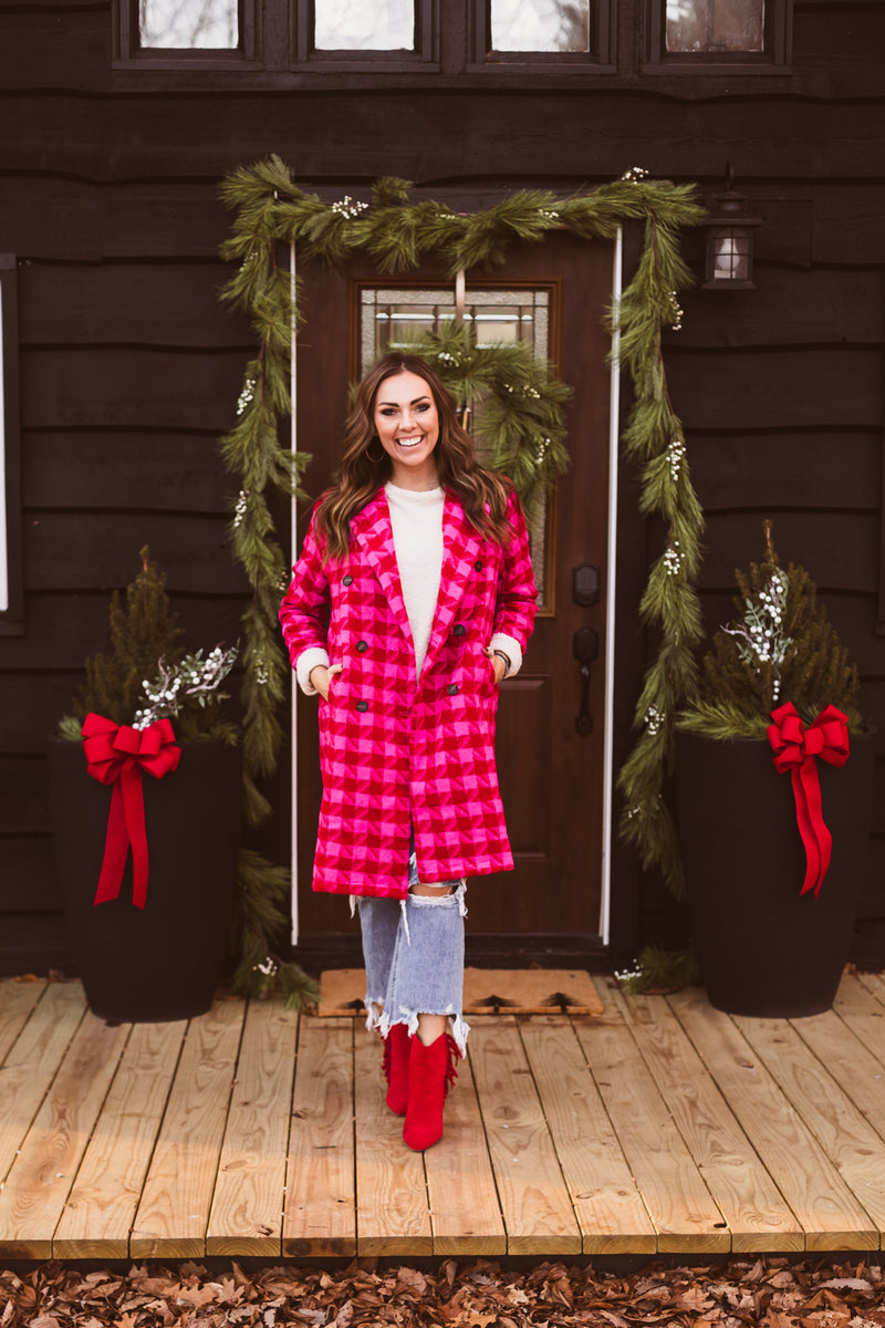 Pink + Red Textured Knit Tweed 2 Tone Jacket