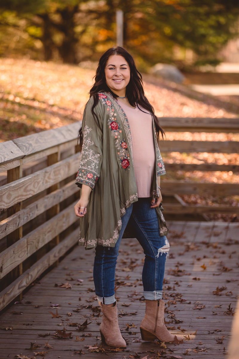 Olive Floral Embroidered Open Kimono