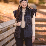 Black Puffer Vest with Shoulder Ruffle Detail