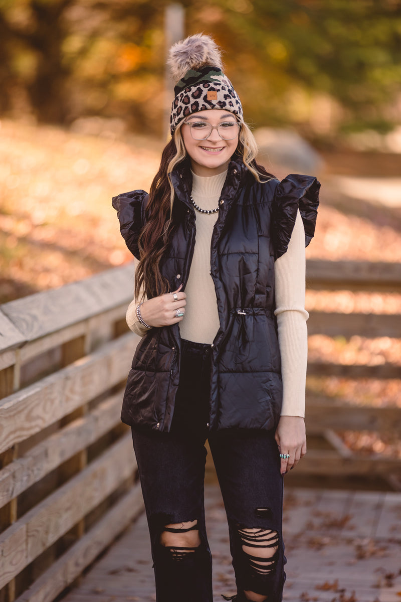 Black Puffer Vest with Shoulder Ruffle Detail