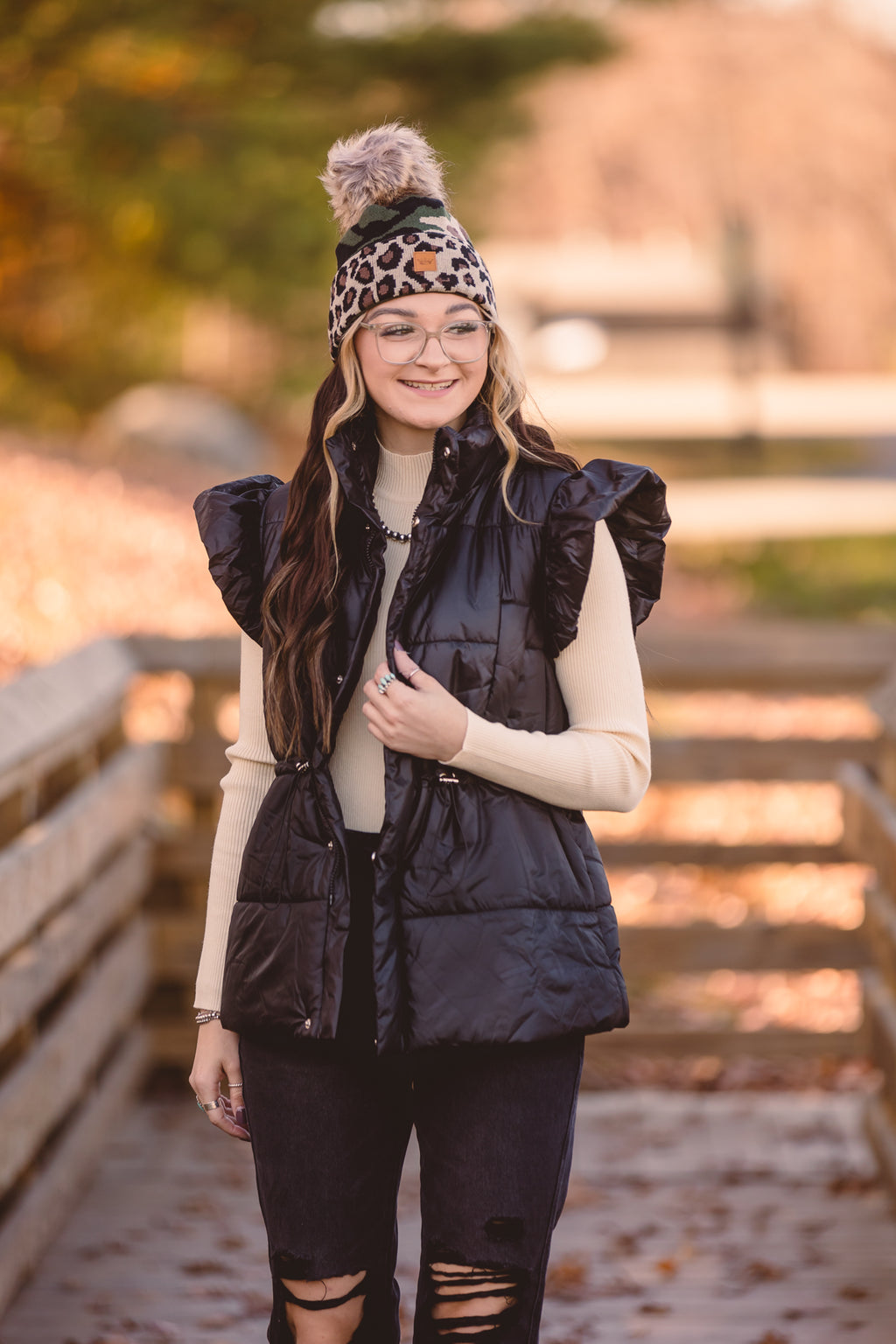 Green Camo Pom Hat with Leo Trim