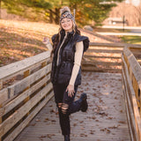 Black Puffer Vest with Shoulder Ruffle Detail