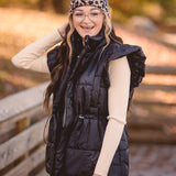 Black Puffer Vest with Shoulder Ruffle Detail