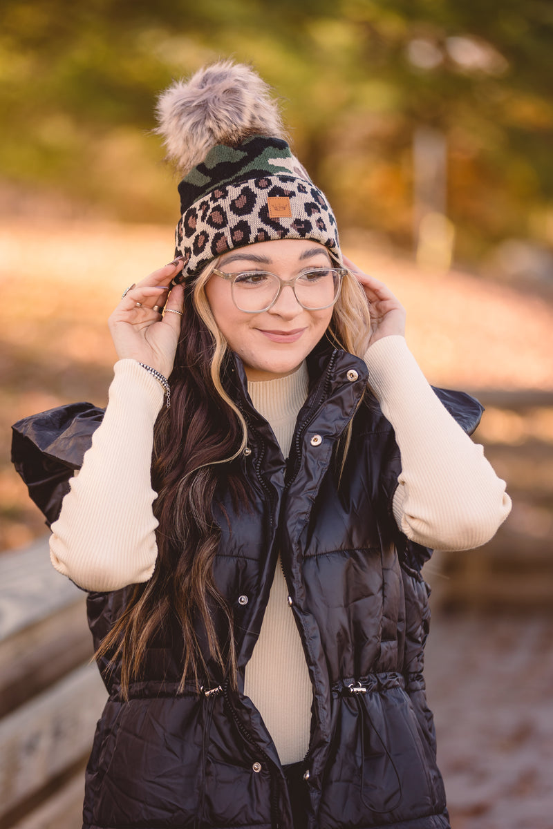 Green Camo Pom Hat with Leo Trim