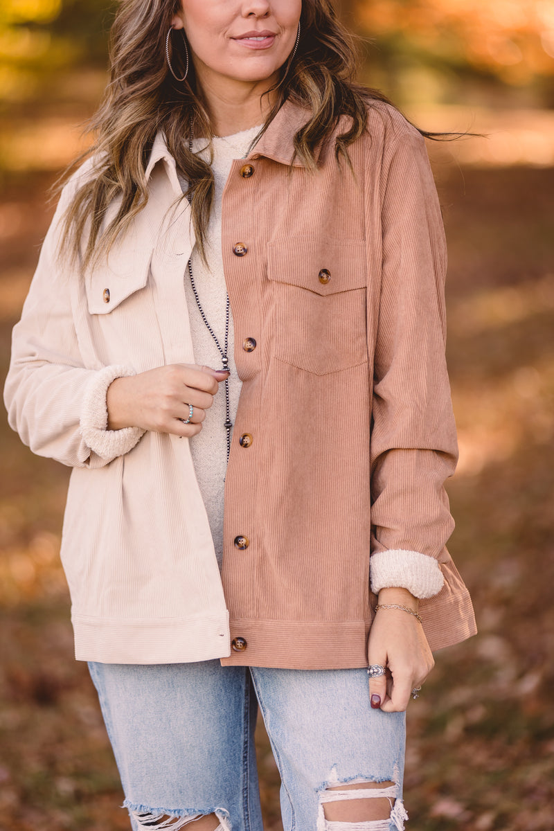 Mocha + Cream Half & Half Mini Corduroy Shacket