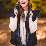 Black Puffer Vest with Shoulder Ruffle Detail