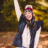 Black Puffer Vest with Shoulder Ruffle Detail