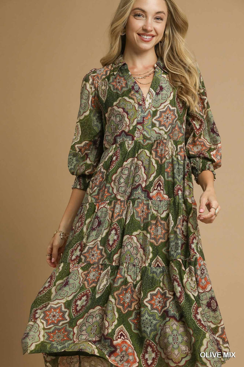 Olive Boho Print Tiered Midi Dress