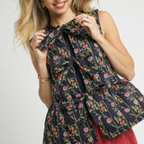 Navy Floral Vine Quilted Tie Vest