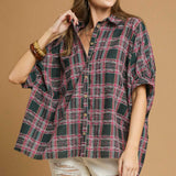 Teal + Red Mix Plaid Button Up Dolman