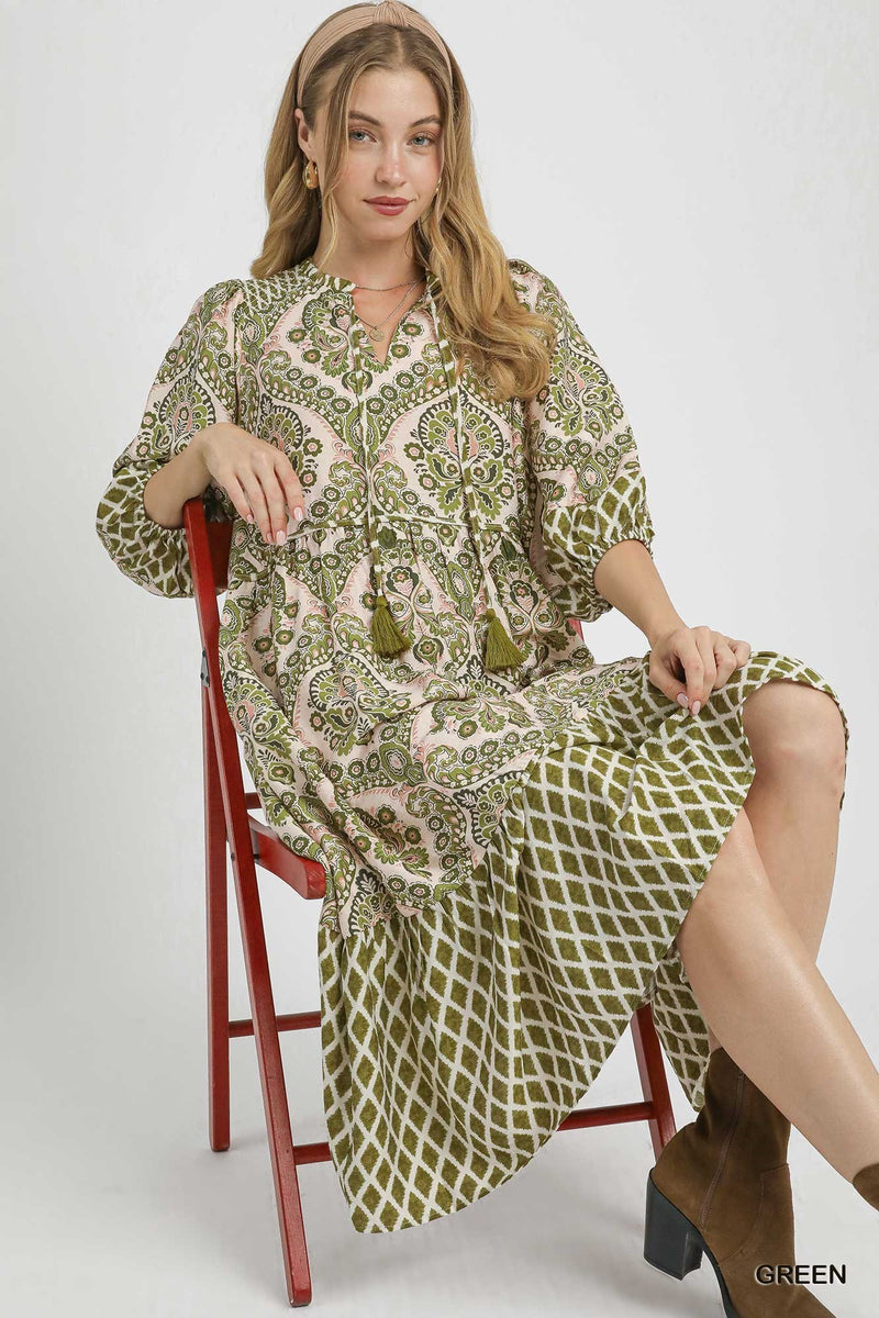Olive Blush Retro Midi Mix Print Dress