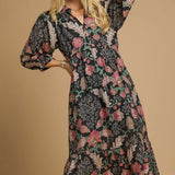 Black Floral Tiered Midi Dress